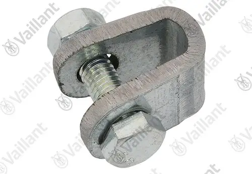 Verbindungsklemme von Vaillant in metallischer Optik, mit Schraube und Mutter zur Befestigung, in U-Form gestaltet.